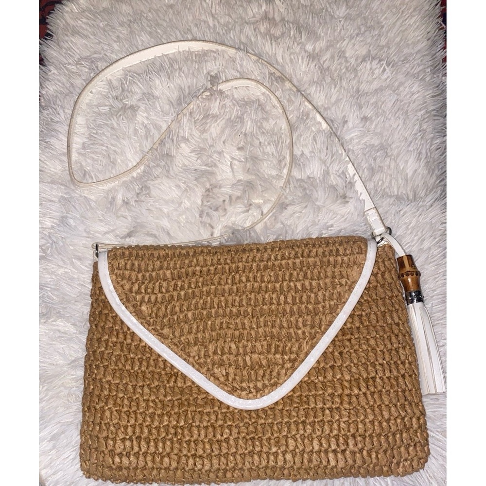 Tan Woven Straw Crossbody Envelope Bag with Tassel & White Strap
